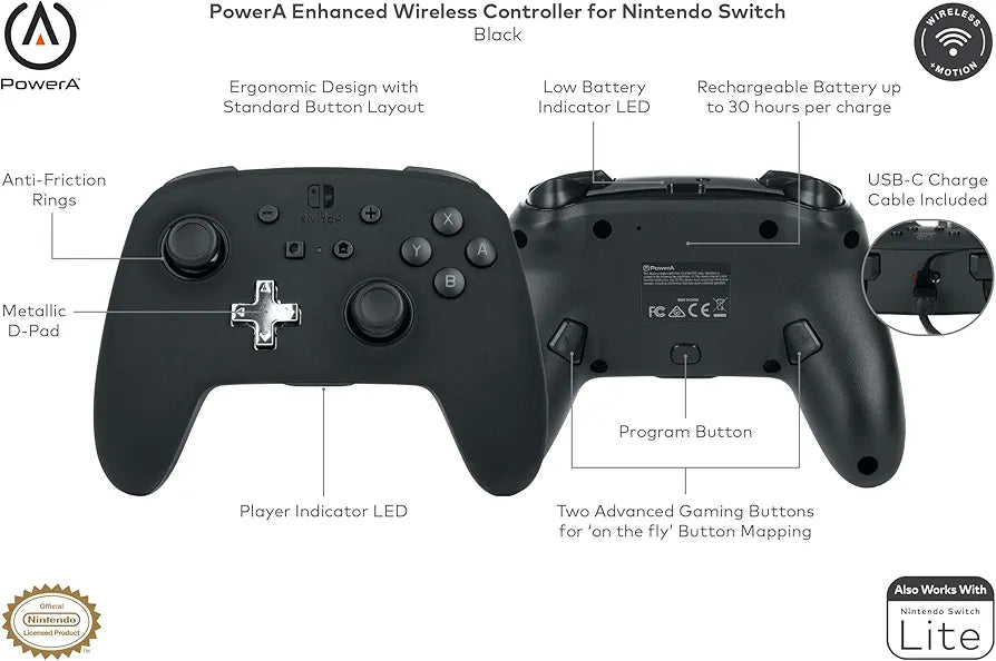 PowerA Officially Licensed Nintendo: Enhanced Wireless Controller - Black (Switch)