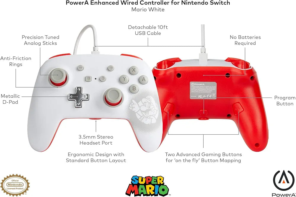 PowerA Officially Licensed Nintendo: EnWired Controller - Mario White (Switch)